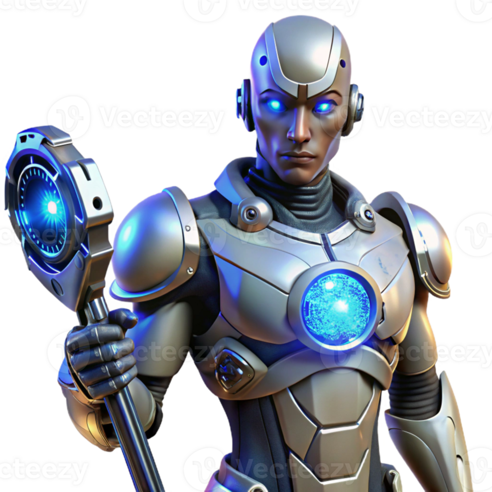 stunning modern magnificent modern A cyborg with glowing amber eyes and intricate clockwork mechanisms visible beneath transparent skin, holding a futuristic weapon pulsing with blue energy.... png