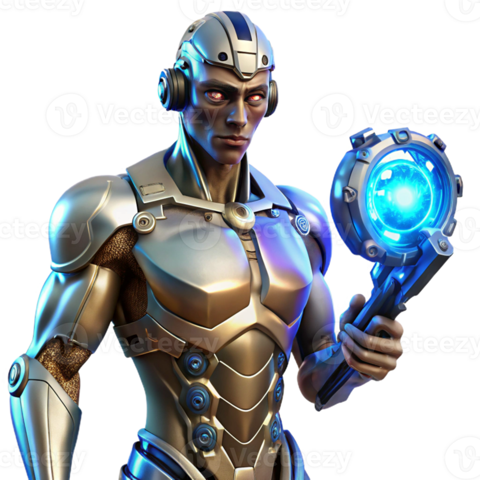 serene creative serene vintage A cyborg with glowing amber eyes and intricate clockwork mechanisms visible beneath transparent skin, holding a futuristic weapon pulsing with blue energy.... png