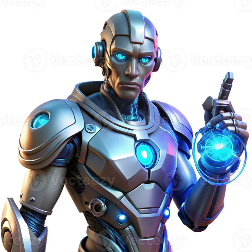wonderful creative serene abstract A cyborg with glowing amber eyes and intricate clockwork mechanisms visible beneath transparent skin, holding a futuristic weapon pulsing with blue energy.... png