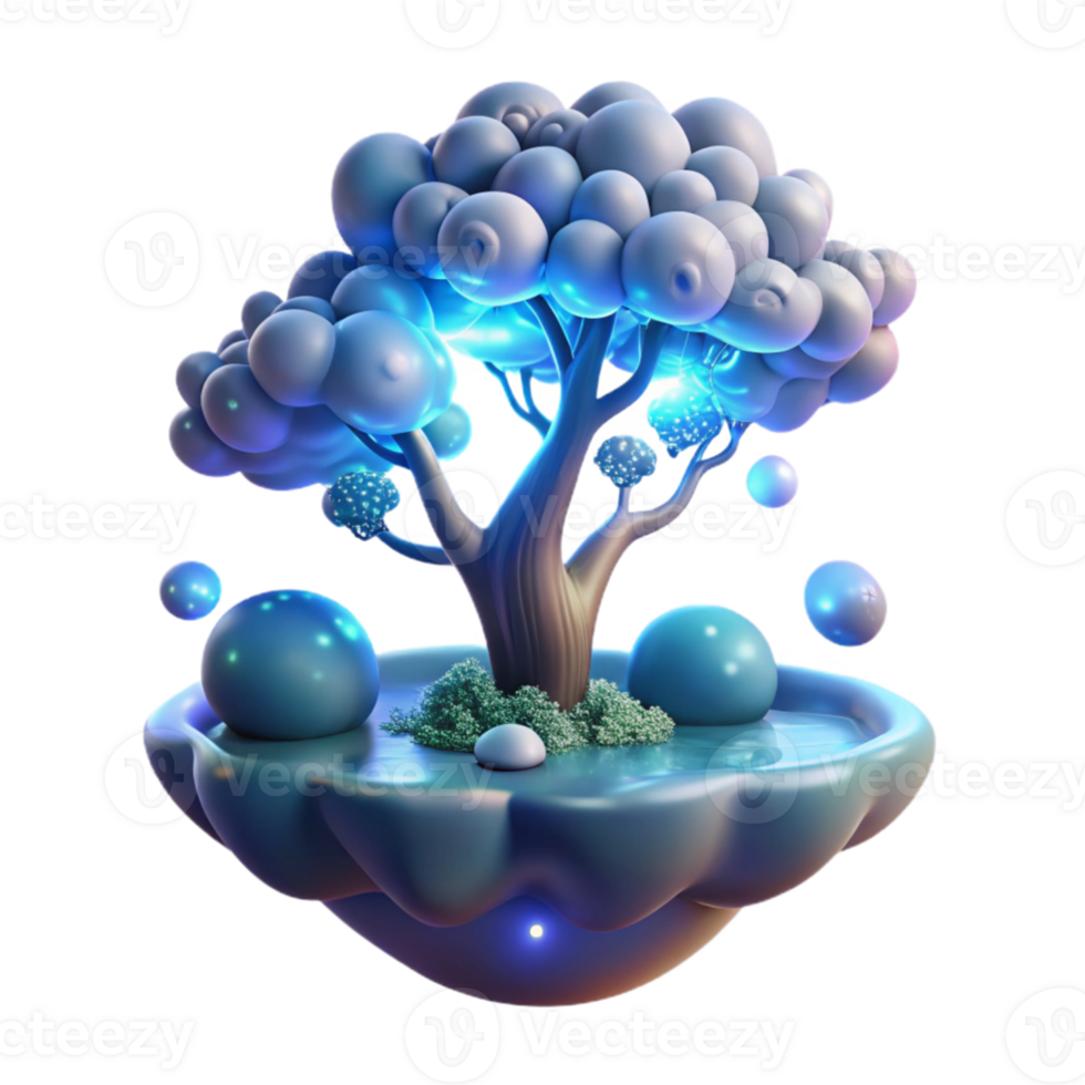 wonderful artistic impressive abstract A solitary, bioluminescent tree growing on a floating island amidst a sea of swirling clouds, illuminated by the soft glow of a hidden sun.... png