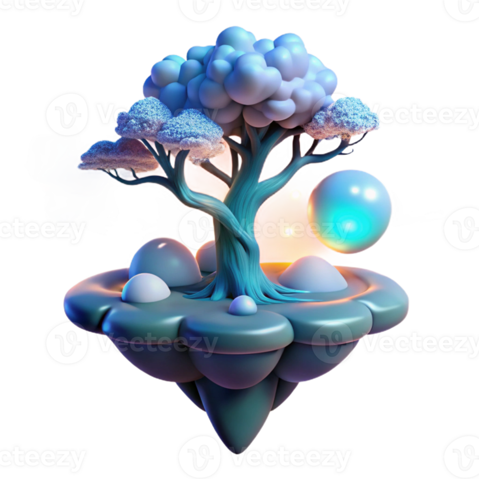 serene contemporary beautiful modern A solitary, bioluminescent tree growing on a floating island amidst a sea of swirling clouds, illuminated by the soft glow of a hidden sun.... png