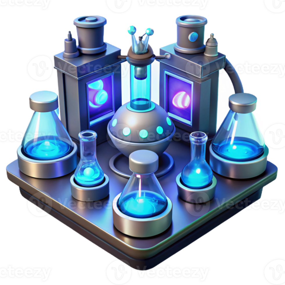 beautiful contemporary magnificent creative A futuristic laboratory filled with bubbling vials of strange liquids and glowing technological devices, illuminated by the cool blue light of... png
