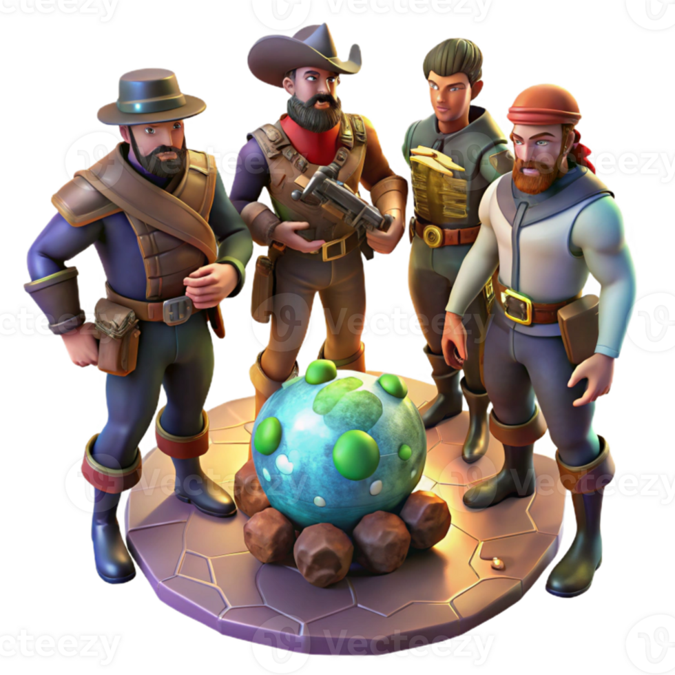 beautiful rustic beautiful minimalist A group of space pirates, clad in ragged clothing and wielding laser pistols, gathered around a holographic map of a treasure planet.... png