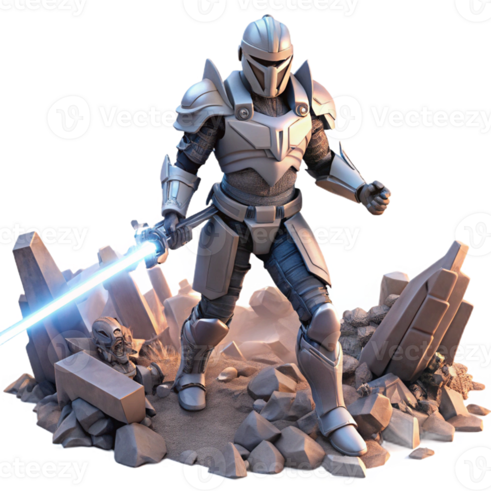 elegant creative stunning classic A warrior in futuristic armor, wielding a plasma sword that emits a blinding white light, standing amidst a battlefield strewn with wreckage.... png