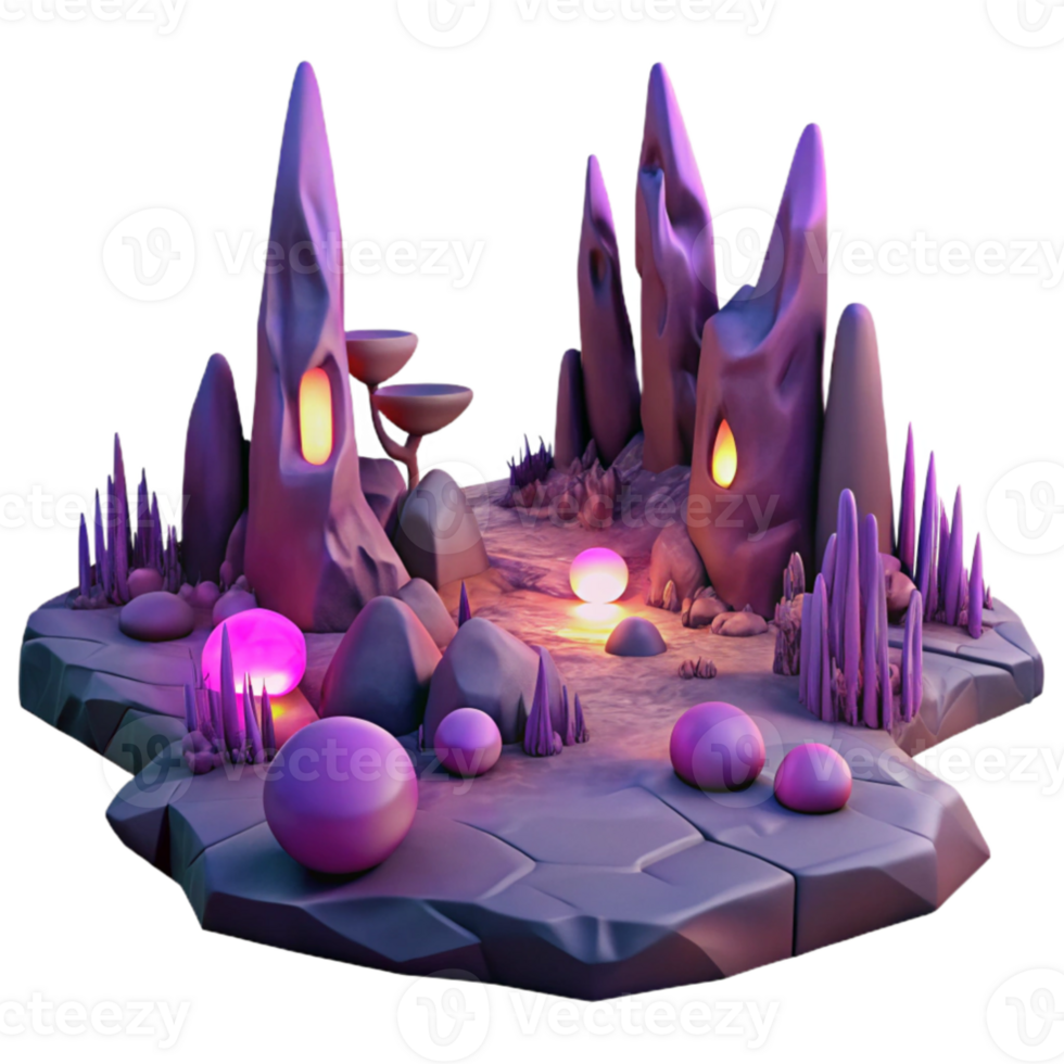 vibrant rustic extraordinary minimalist A desolate alien landscape, with strange, rock formations and glowing purple vegetation, bathed in the eerie light of a binary sunset.... png