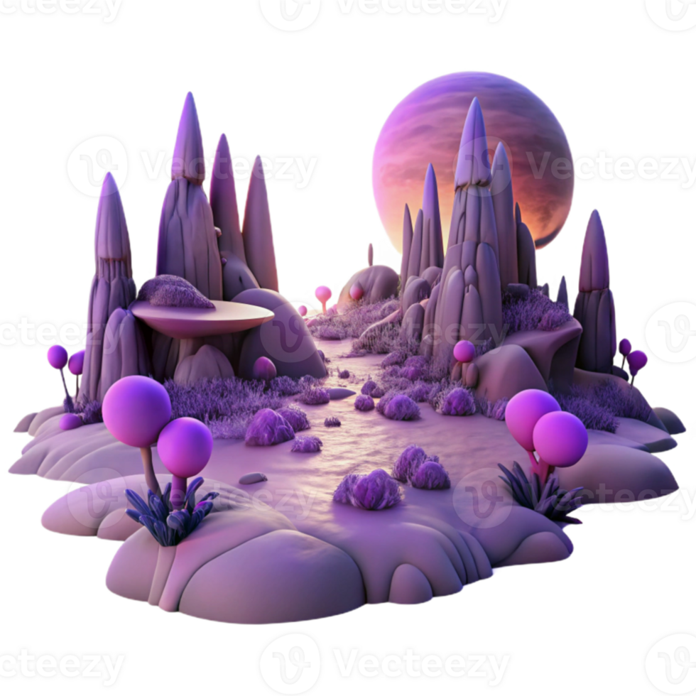 vibrant creative magnificent minimalist A desolate alien landscape, with strange, rock formations and glowing purple vegetation, bathed in the eerie light of a binary sunset.... png