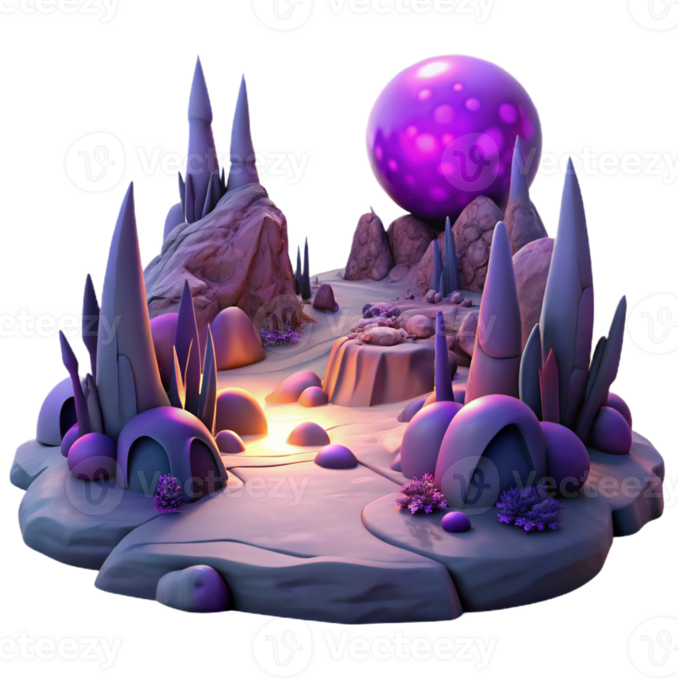 wonderful minimalist impressive classic A desolate alien landscape, with strange, rock formations and glowing purple vegetation, bathed in the eerie light of a binary sunset.... png
