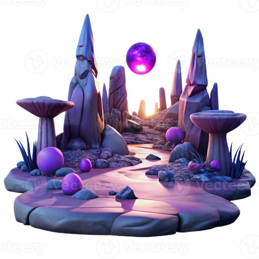 vibrant modern stunning rustic A desolate alien landscape, with strange, rock formations and glowing purple vegetation, bathed in the eerie light of a binary sunset. Surreal, atmospheric lighting.... png