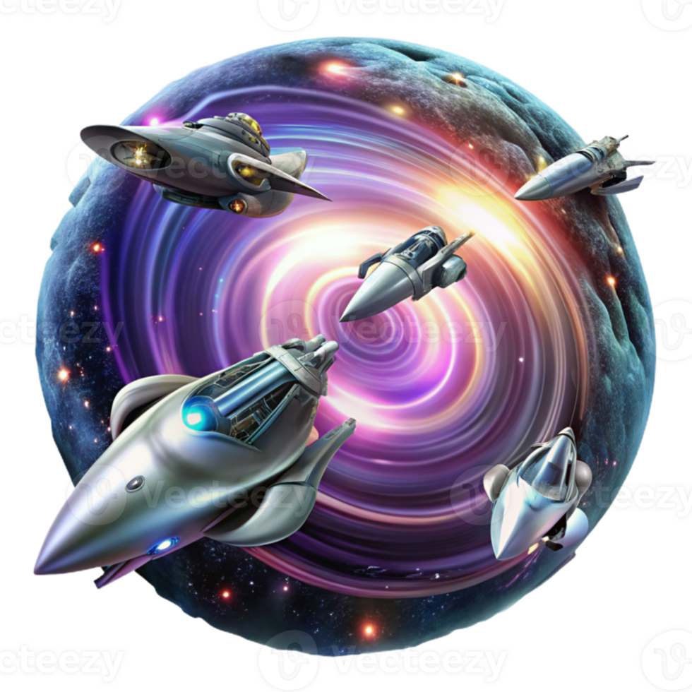 magnificent modern wonderful minimalist A fleet of sleek, silver spaceships, warping through a swirling vortex of colorful nebulae, illuminated by the intense light of the warp drive.... png