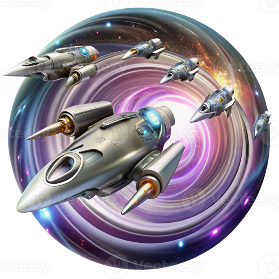 impressive creative beautiful creative A fleet of sleek, silver spaceships, warping through a swirling vortex of colorful nebulae, illuminated by the intense light of the warp drive.... png