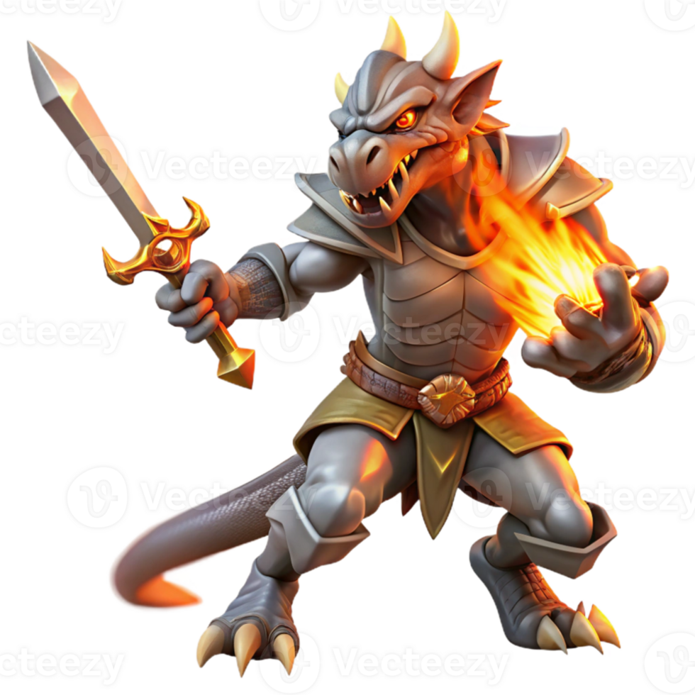 impressive rustic magnificent modern A fierce dragonborn warrior wielding a flaming sword, dynamic pose, dramatic lighting, Frank Frazetta style professional original png