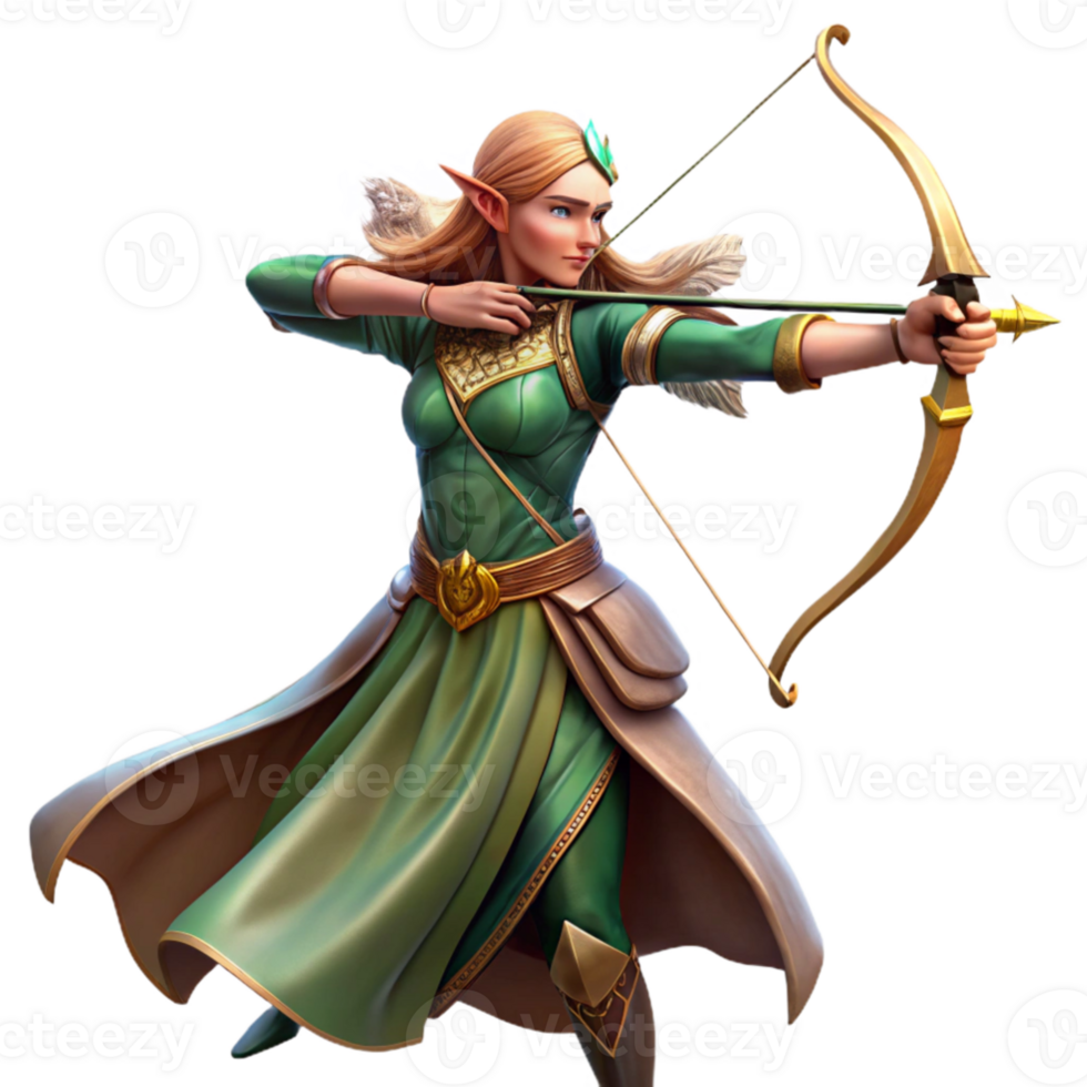 magnificent creative extraordinary traditional An elegant elf archer aiming her bow at a unseen target, dramatic lighting, flowing robes, pre-Raphaelite style high quality genuine png