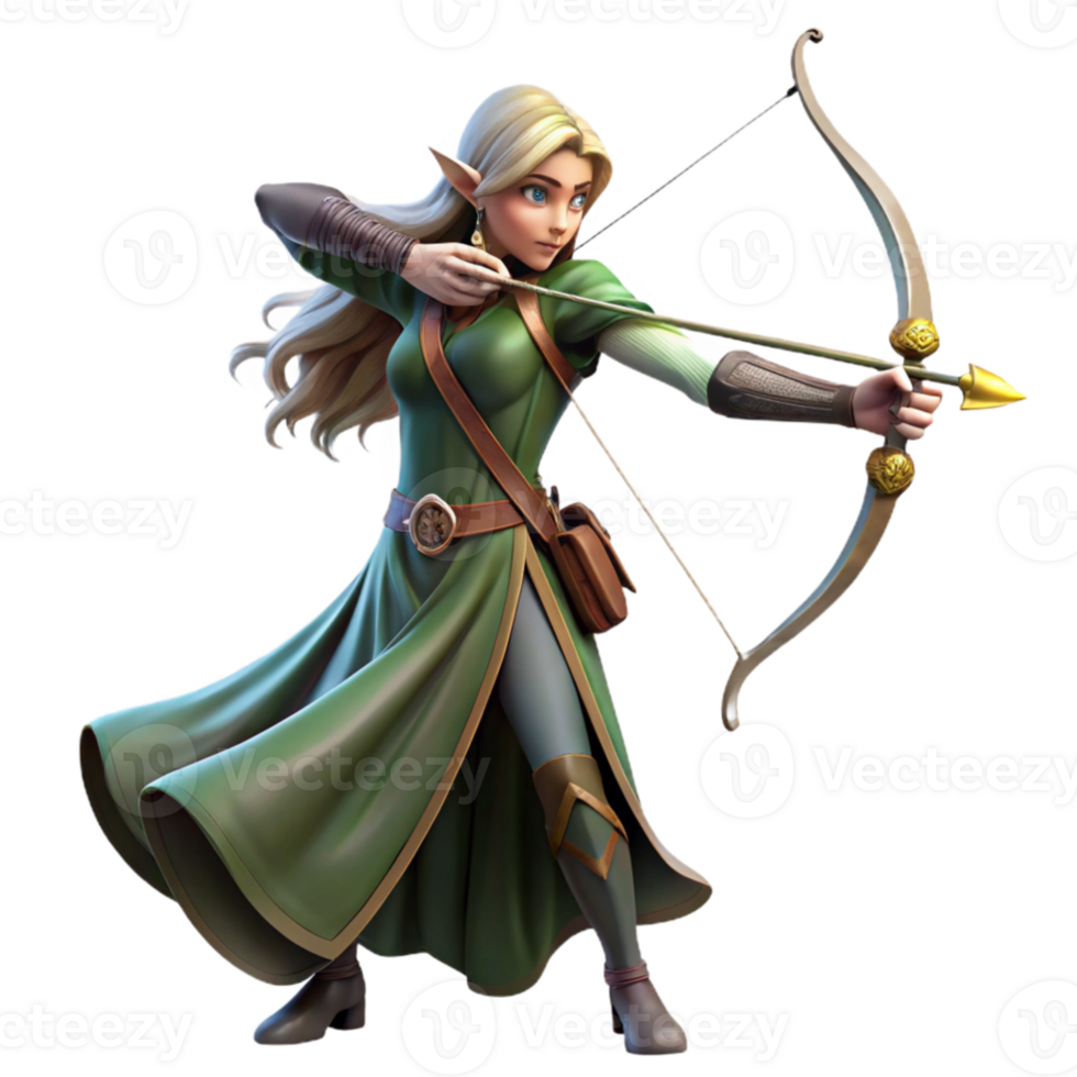 serene modern serene contemporary An elegant elf archer aiming her bow at a unseen target, dramatic lighting, flowing robes, pre-Raphaelite style original authentic png