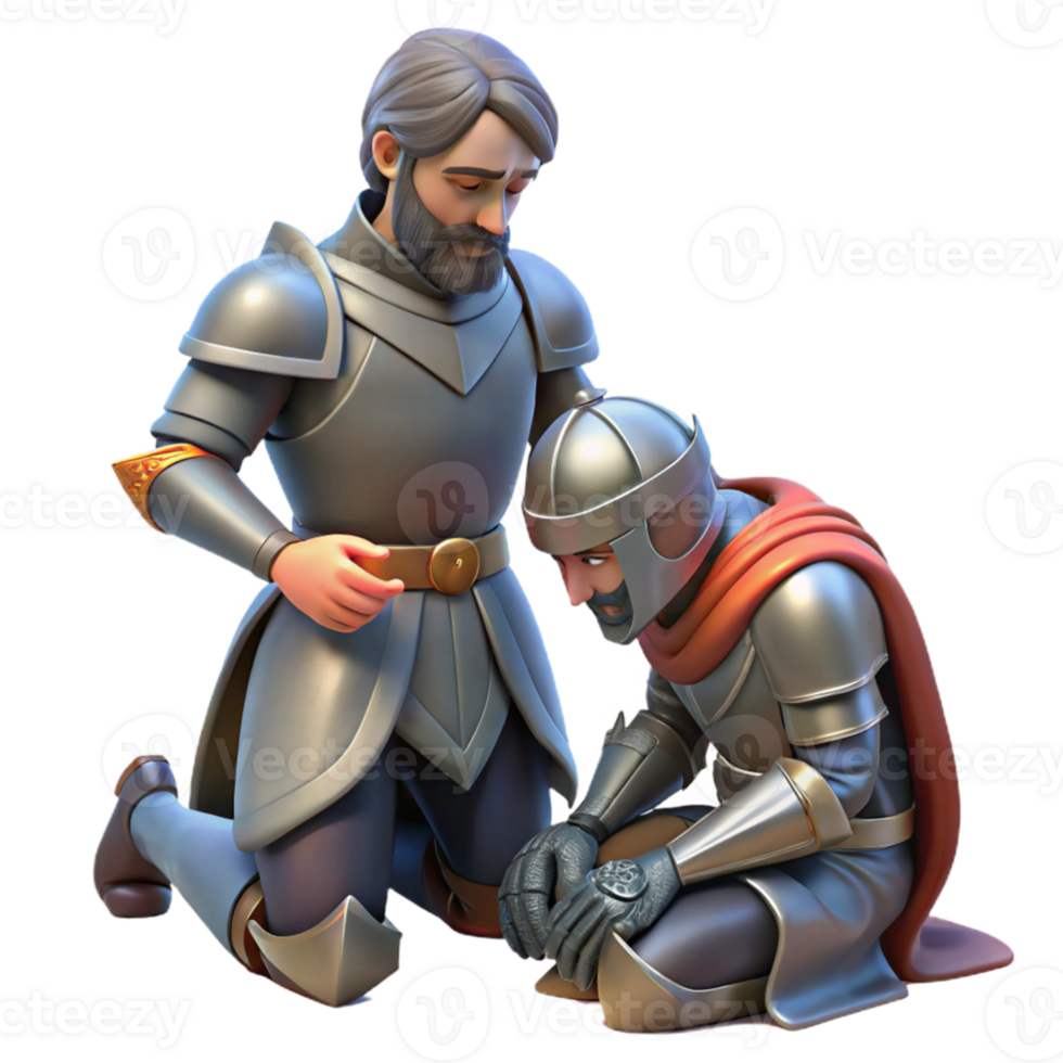 stunning vintage dramatic contemporary A lone knight kneeling before a fallen comrade, somber lighting, realistic armor, historical fantasy high resolution exclusive png