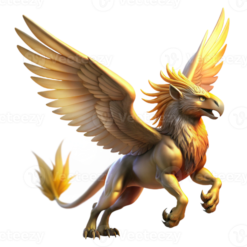 magnificent rustic elegant vintage A majestic griffin taking flight, its feathers catching the golden rays of a setting sun, rendered in a highly detailed digital painting style premium authentic png