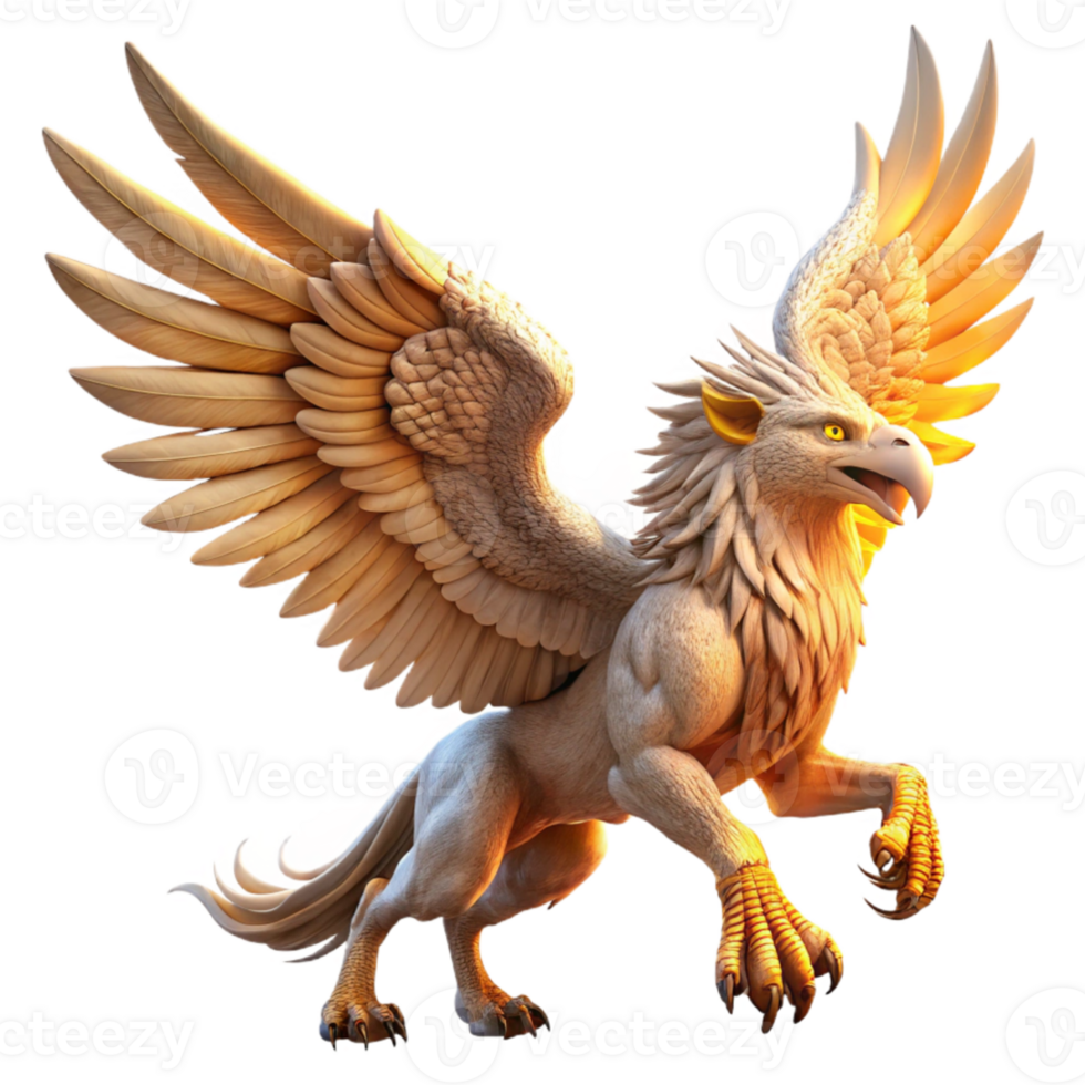 stunning modern magnificent vintage A majestic griffin taking flight, its feathers catching the golden rays of a setting sun, rendered in a highly detailed digital painting style professional 4K png