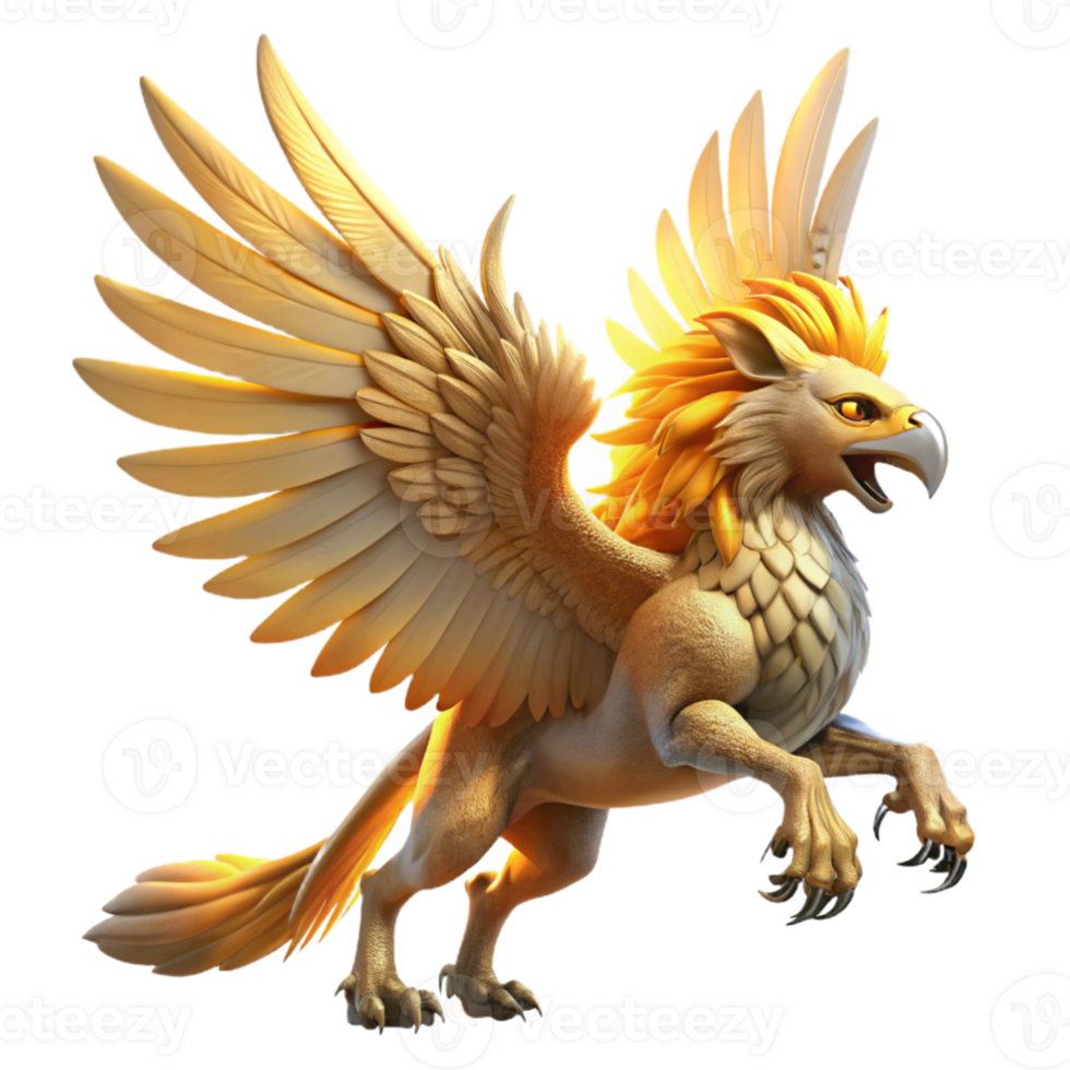 vibrant vintage wonderful classic A majestic griffin taking flight, its feathers catching the golden rays of a setting sun, rendered in a highly detailed digital painting style original detailed png