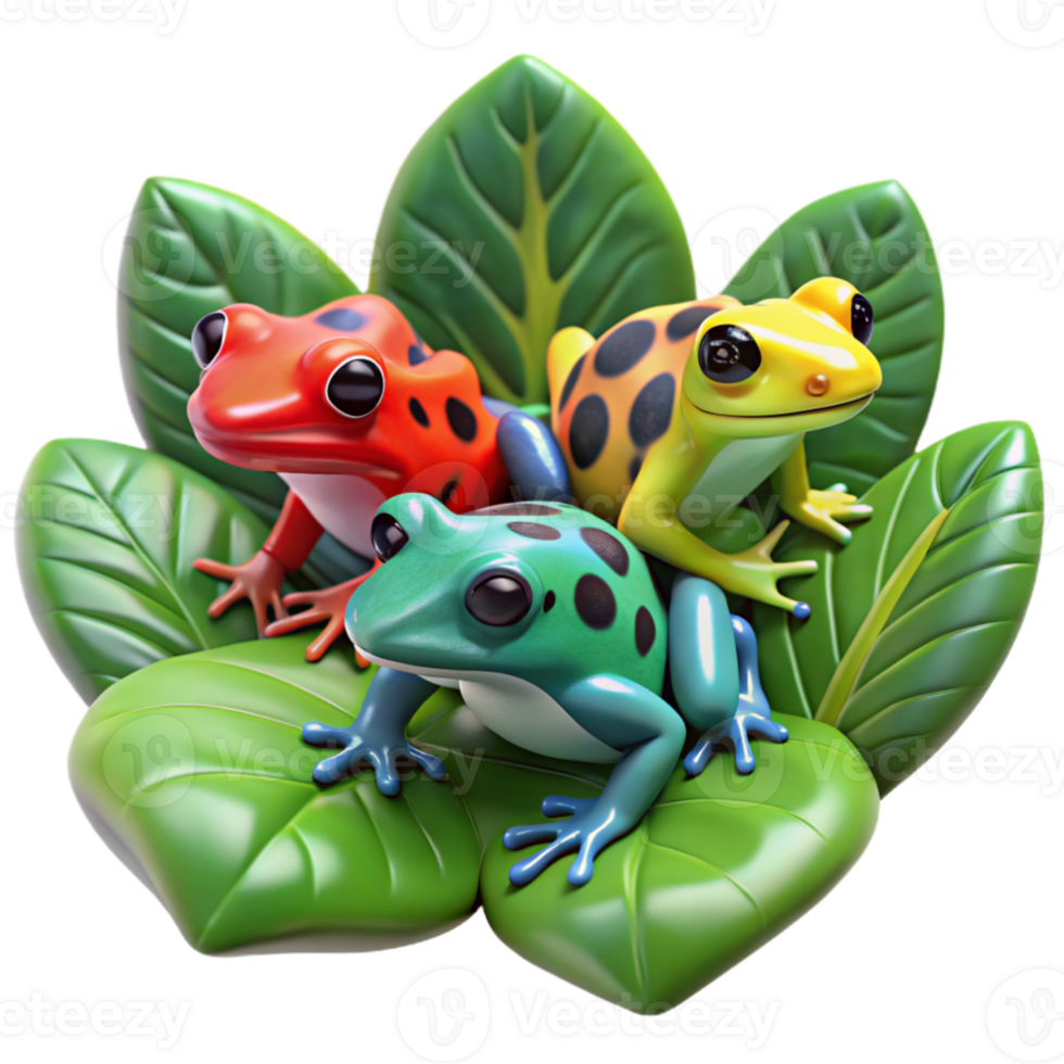 vibrant vintage wonderful vintage A group of colorful poison dart frogs sitting on lush green leaves, in a vibrant, rainforest setting, with macro photography style professional professional png