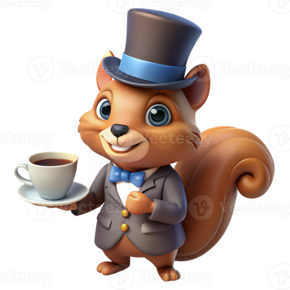 elegant vintage serene traditional A whimsical illustration of a squirrel wearing a tiny top hat and monocle, holding a miniature teacup, in a Beatrix Potter style authentic original png
