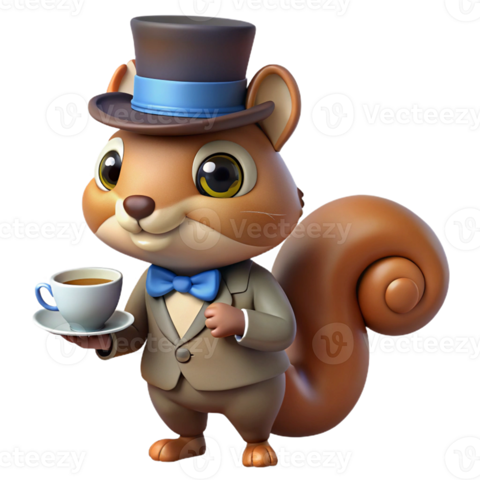 dramatic classic wonderful classic A whimsical illustration of a squirrel wearing a tiny top hat and monocle, holding a miniature teacup, in a Beatrix Potter style professional detailed png