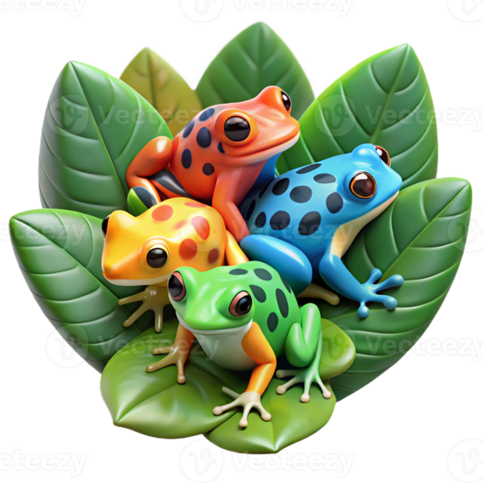 extraordinary classic stunning abstract A group of colorful poison dart frogs sitting on lush green leaves, in a vibrant, rainforest setting, with macro photography style professional authentic png