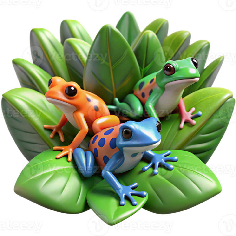extraordinary creative wonderful modern A group of colorful poison dart frogs sitting on lush green leaves, in a vibrant, rainforest setting, with macro photography style genuine original png