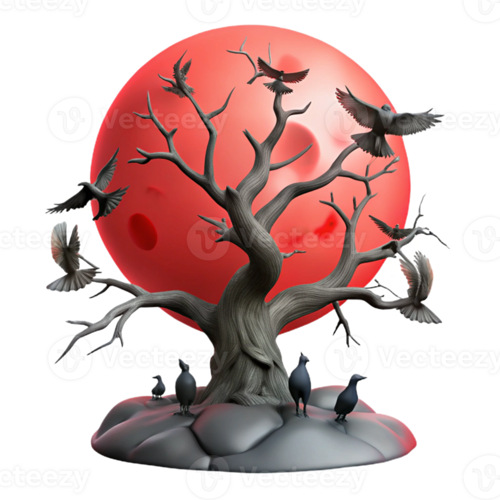 magnificent modern extraordinary abstract A flock of spectral ravens circling a gnarled, dead tree under a blood-red moon, in a gothic, horror style original detailed png