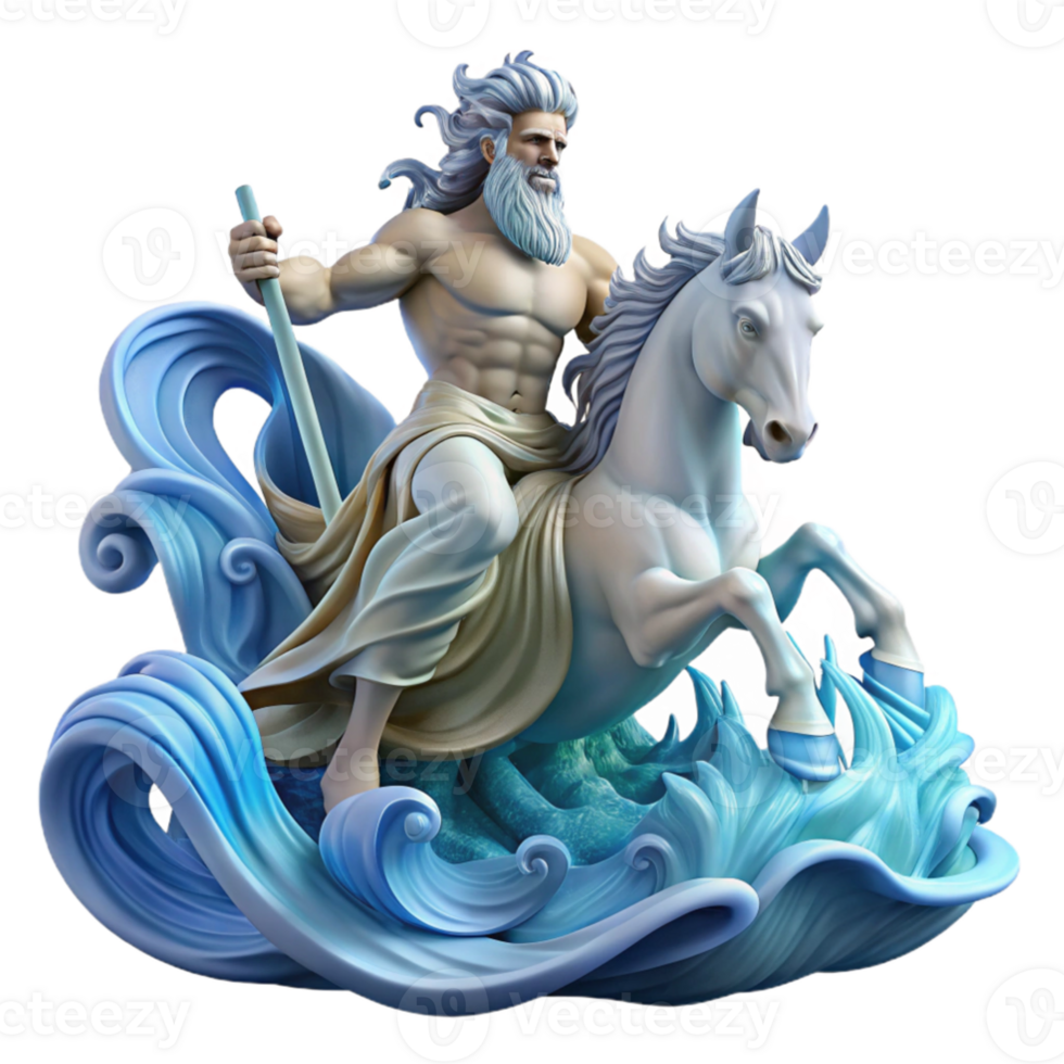 vibrant contemporary dramatic vintage Poseidon, God of the Sea, commanding a tempestuous ocean from his chariot pulled by hippocamps, waves crashing around him in a dynamic composition, art... png