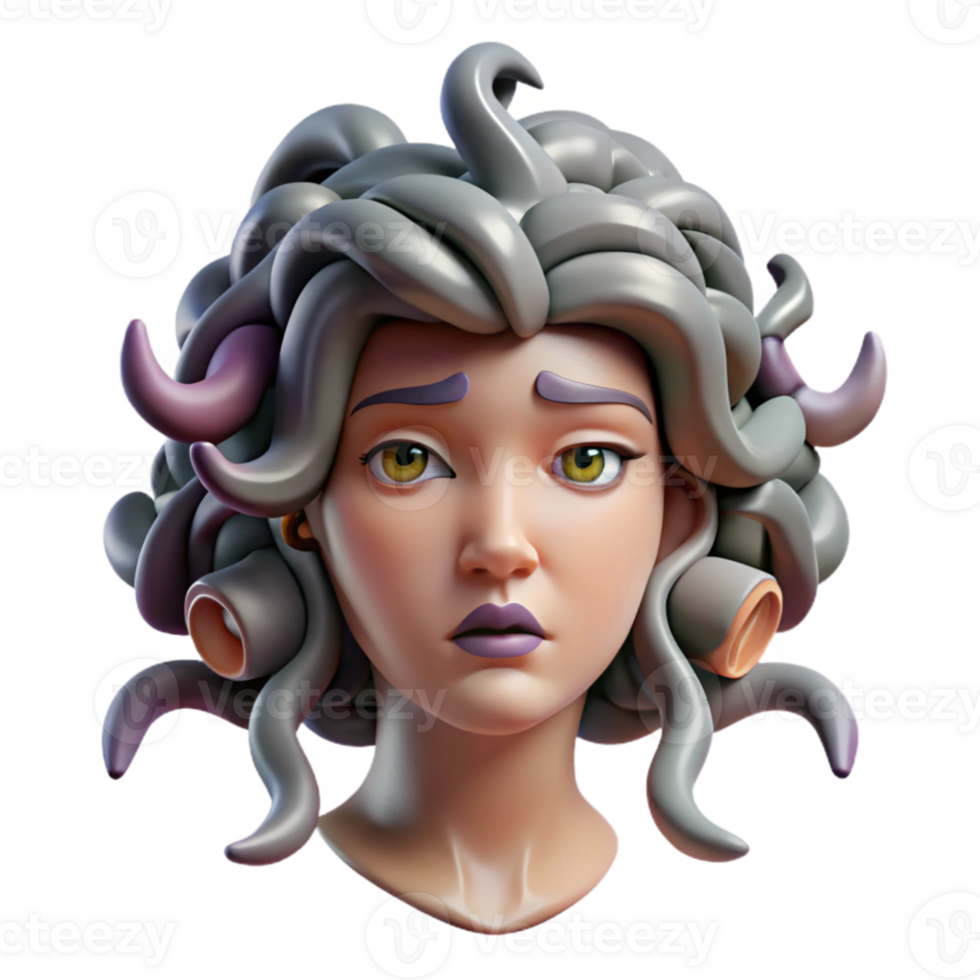 elegant modern beautiful modern A stoic Medusa, snakes writhing in her hair, a single tear of blood rolling down her cheek, dramatically lit from below, Art Deco style high quality original png