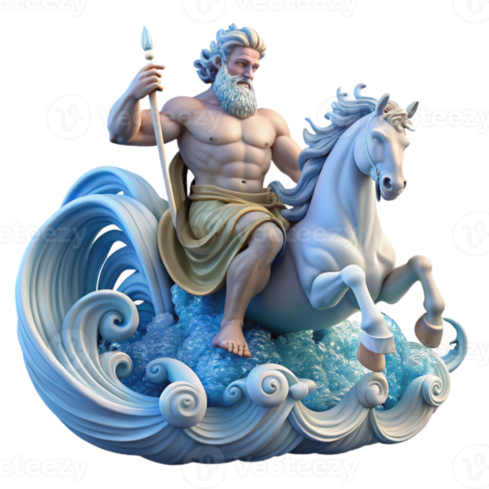 beautiful vintage beautiful rustic Poseidon, God of the Sea, commanding a tempestuous ocean from his chariot pulled by hippocamps, waves crashing around him in a dynamic composition, art nouveau... png