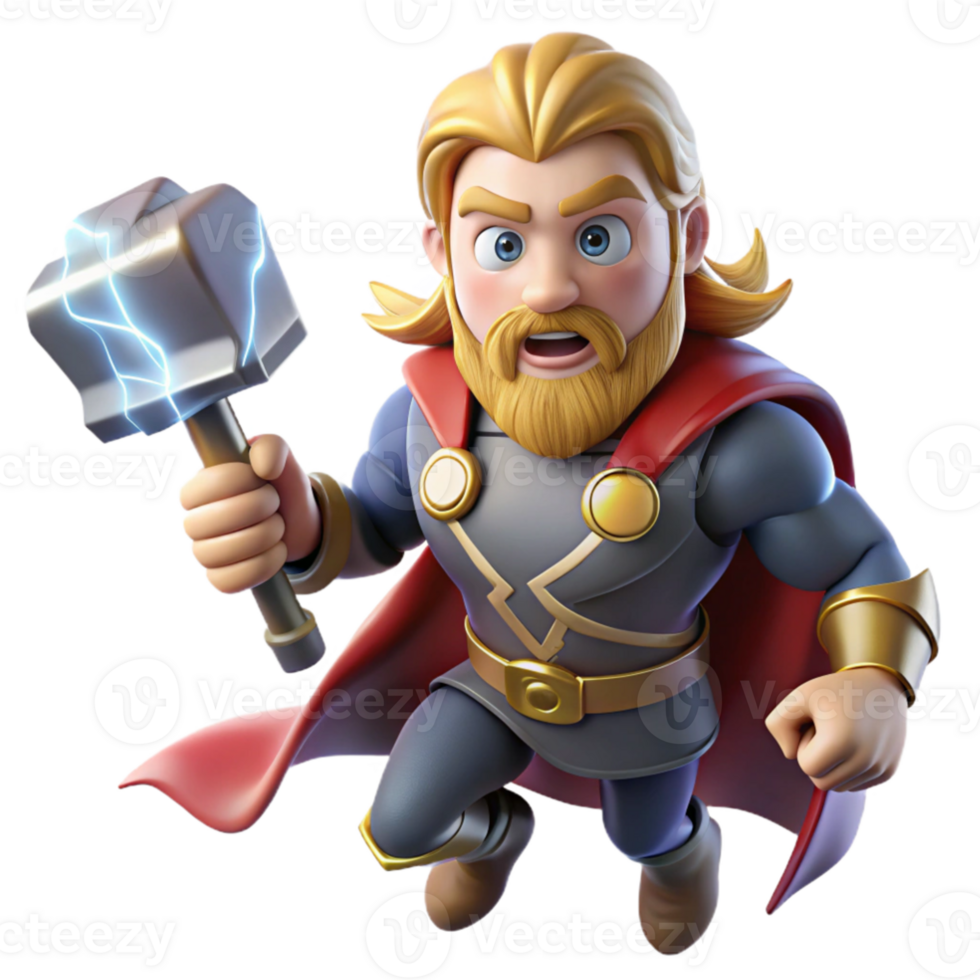 impressive modern wonderful traditional Thor wielding Mjolnir amidst a raging thunderstorm, lightning illuminating his face, in a bold, comic book style 4K 4K png