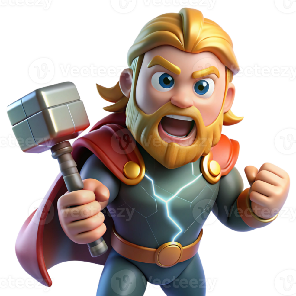 impressive classic elegant classic Thor wielding Mjolnir amidst a raging thunderstorm, lightning illuminating his face, in a bold, comic book style genuine 4K png