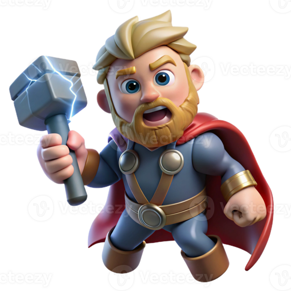 magnificent abstract stunning artistic Thor wielding Mjolnir amidst a raging thunderstorm, lightning illuminating his face, in a bold, comic book style professional premium png