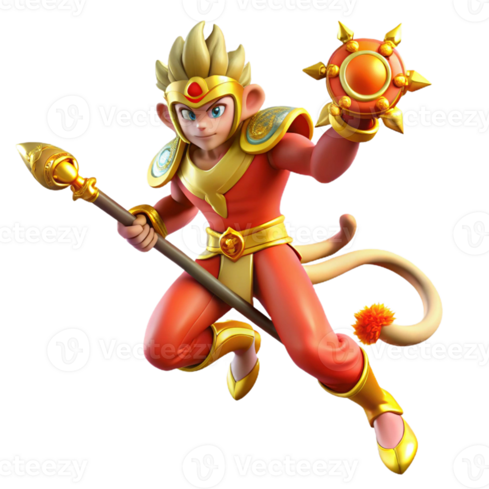 impressive rustic magnificent creative Sun Wukong, the Monkey King, battling a celestial army, wielding his magic staff, vibrant colors and dynamic action, in a manga style high quality 4K png