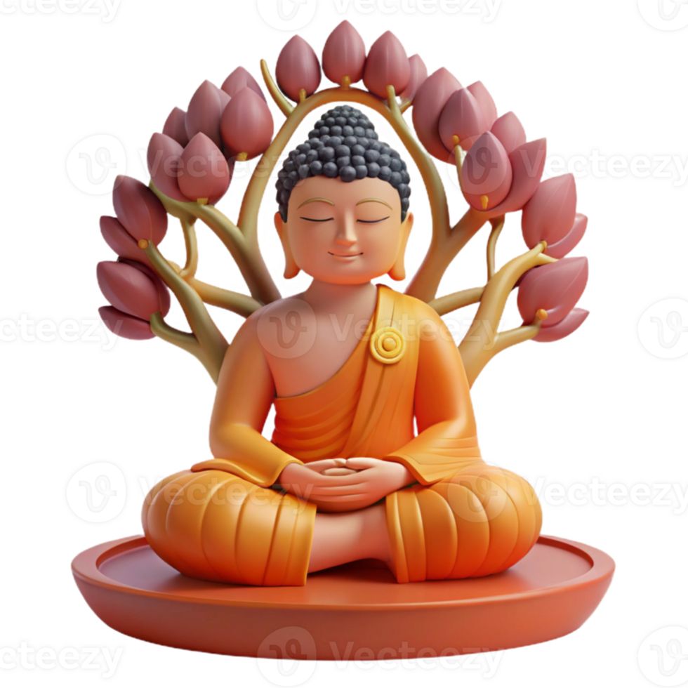 stunning creative elegant modern A contemplative Buddha sitting under the Bodhi tree, bathed in the soft light of dawn, intricate details and serene expression, in a traditional Thangka painting... png