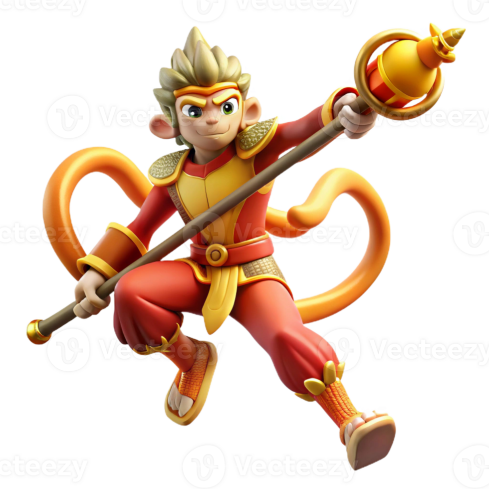 impressive creative stunning artistic Sun Wukong, the Monkey King, battling a celestial army, wielding his magic staff, vibrant colors and dynamic action, in a manga style detailed premium png