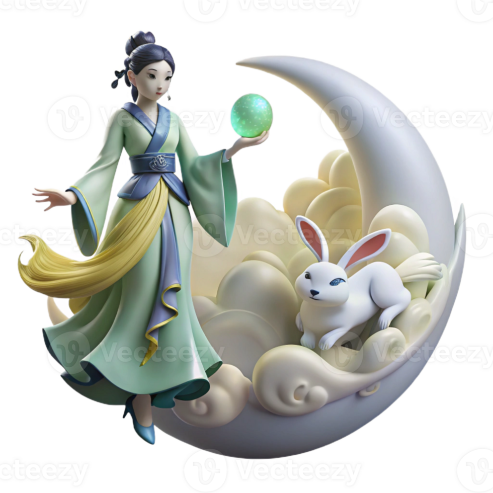 impressive contemporary vibrant minimalist An elegant Chang'e floating to the moon, accompanied by a jade rabbit, ethereal and dreamlike, in a Chinese ink painting style exclusive genuine png