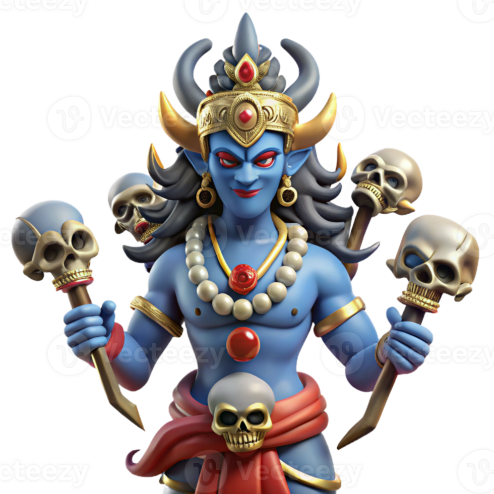 dramatic abstract vibrant abstract A fierce Kali, adorned with skulls and wielding weapons, standing on a defeated demon, vibrant colors and intricate details, in a traditional Indian painting... png