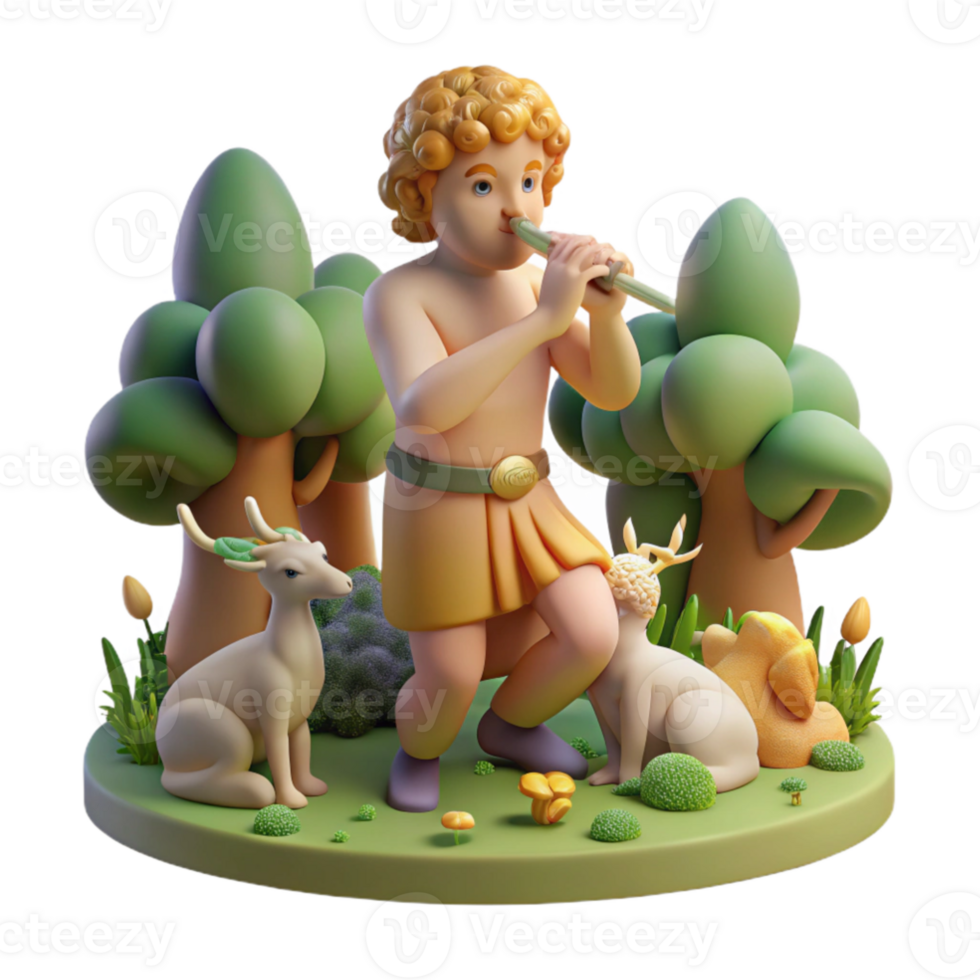 serene artistic impressive creative Pan playing his pipes in a sun-drenched forest glade, surrounded by nymphs and satyrs, in a whimsical, Rococo style 4K premium png
