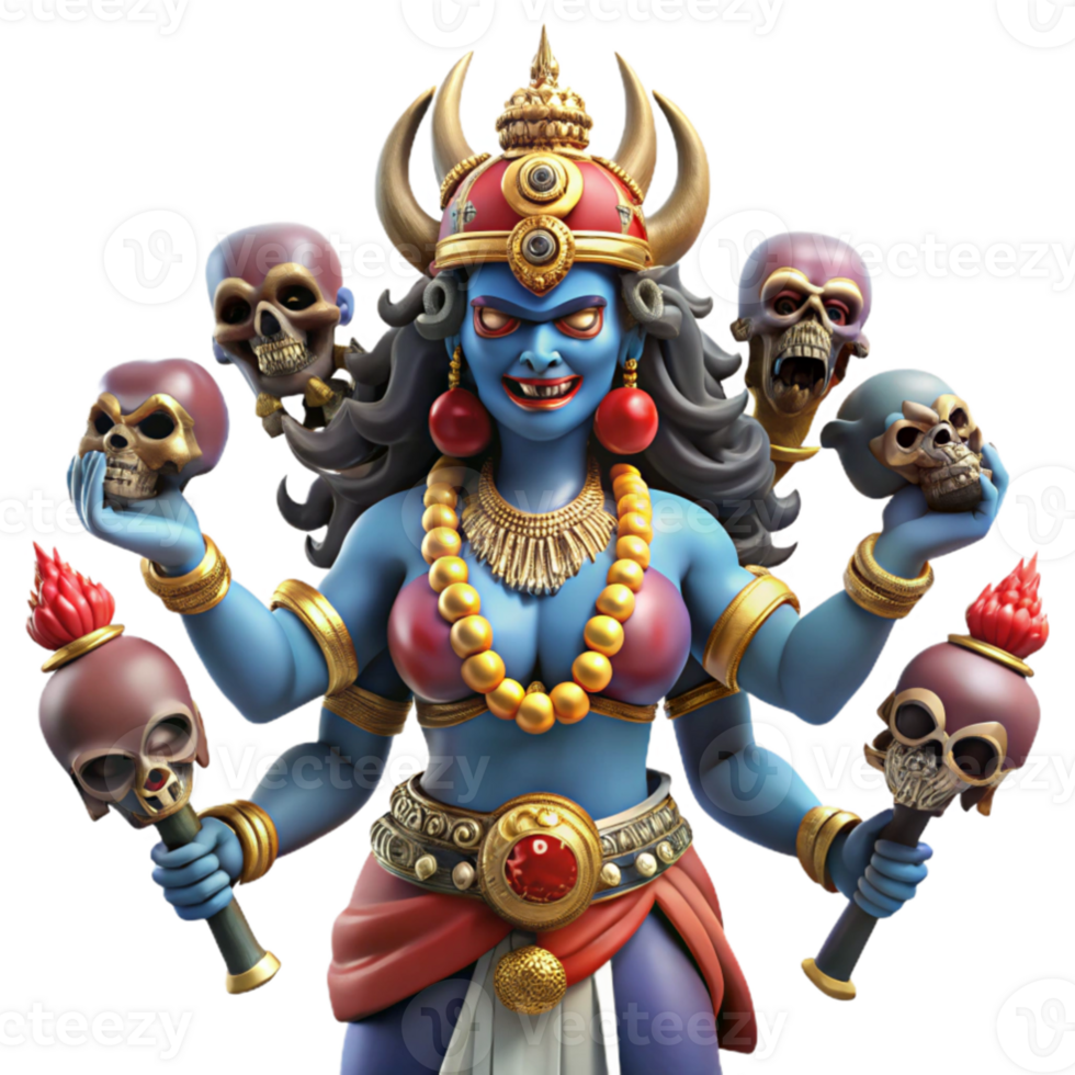 beautiful modern beautiful abstract A fierce Kali, adorned with skulls and wielding weapons, standing on a defeated demon, vibrant colors and intricate details, in a traditional Indian painting... png