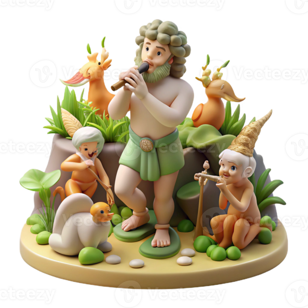 serene creative wonderful classic Pan playing his pipes in a sun-drenched forest glade, surrounded by nymphs and satyrs, in a whimsical, Rococo style authentic premium png