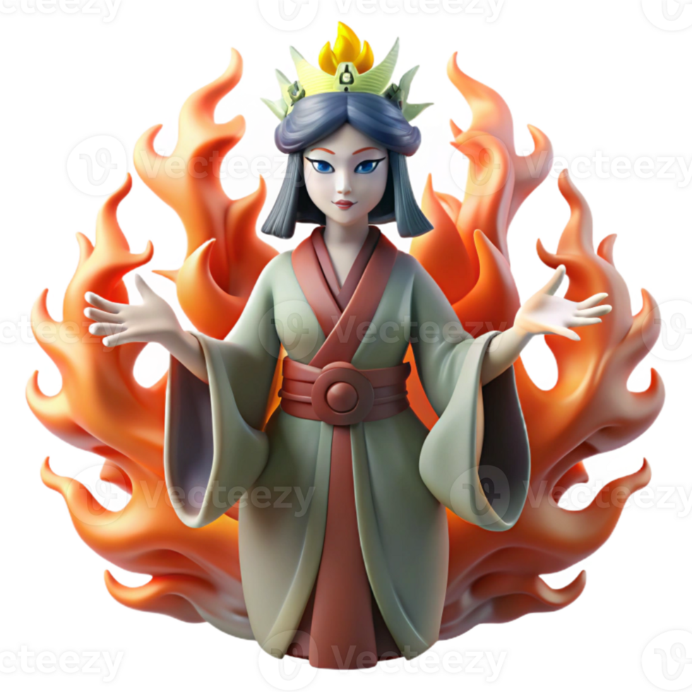 serene rustic beautiful minimalist Izanami, the Japanese goddess of creation and death, emerging from the underworld, surrounded by ghostly flames, in a Ukiyo-e woodblock print style professional... png