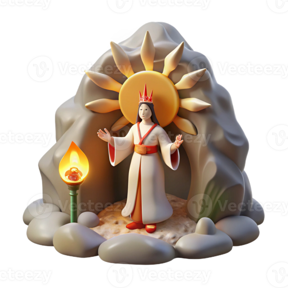 stunning creative dramatic contemporary A triumphant Amaterasu emerging from the cave, bringing light back to the world, radiant and powerful, in a Japanese mythology inspired painting style... png