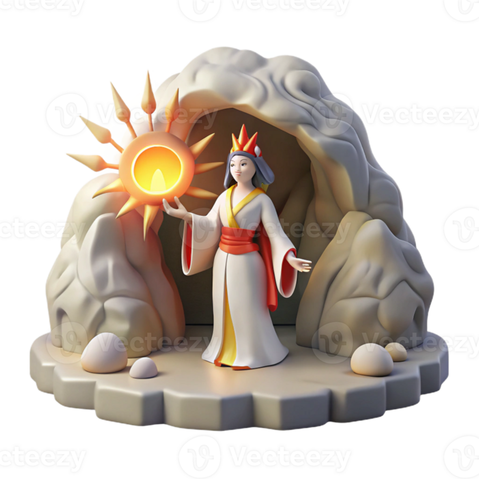 serene traditional impressive contemporary A triumphant Amaterasu emerging from the cave, bringing light back to the world, radiant and powerful, in a Japanese mythology inspired painting style... png