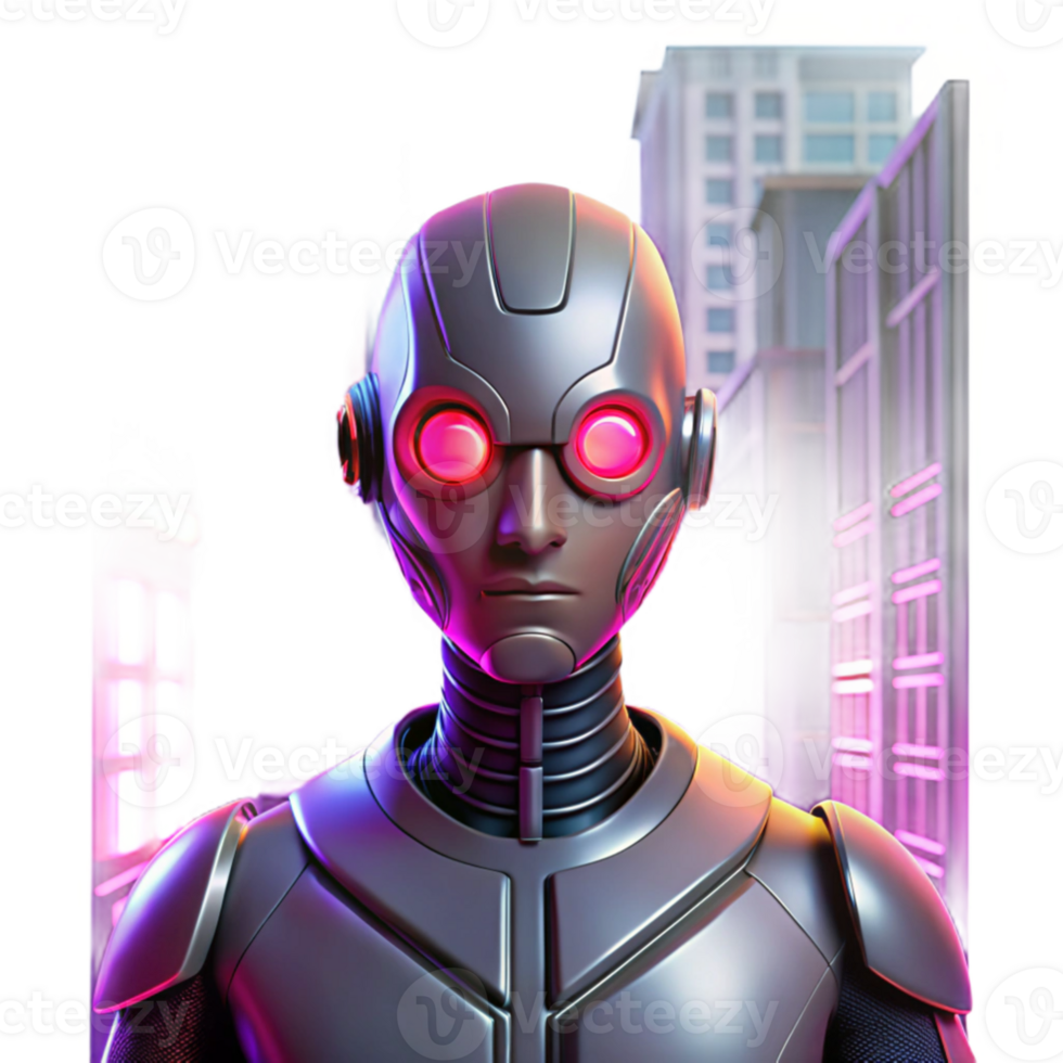 impressive minimalist dramatic abstract A cyborg with glowing crimson eyes and intricate cybernetic implants stares defiantly into the camera, lit by the flickering neon signs of a cyberpunk... png