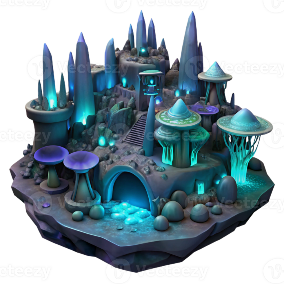 beautiful rustic elegant creative A sprawling, subterranean city, built into the caverns of an alien planet, illuminated by bioluminescent fungi. Dark, moody lighting professional detailed png