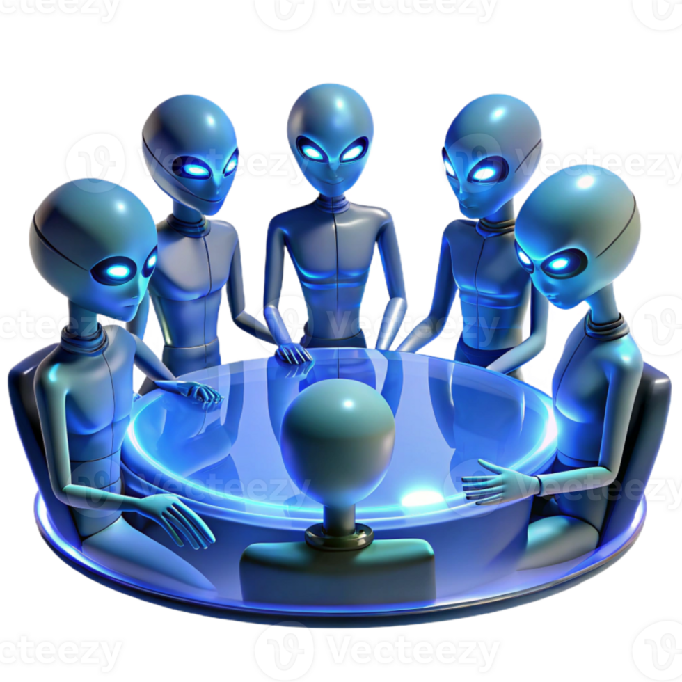 elegant traditional vibrant creative A group of alien diplomats, with iridescent skin and elongated limbs, gather around a holographic table, bathed in the cool blue light of the projection.... png