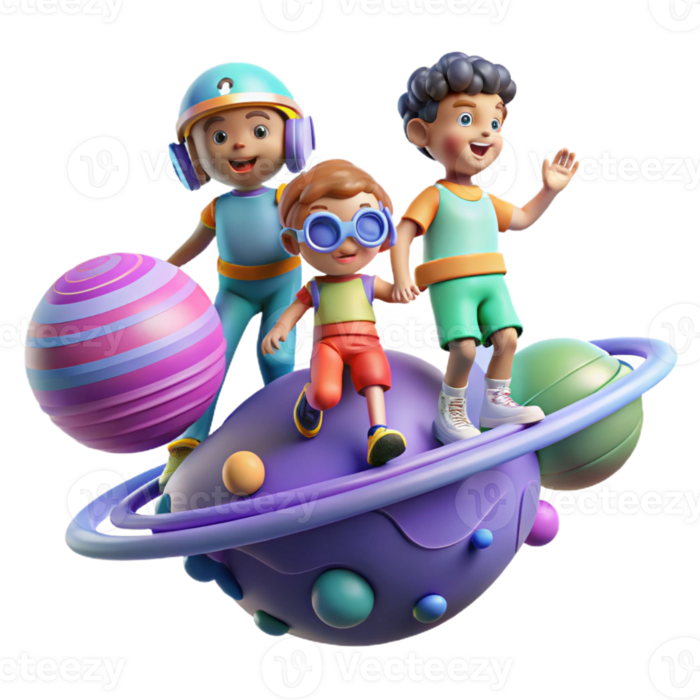 serene modern elegant classic A group of children, wearing futuristic clothing, play amongst the floating islands of a gas giant. Whimsical, colorful style exclusive premium png