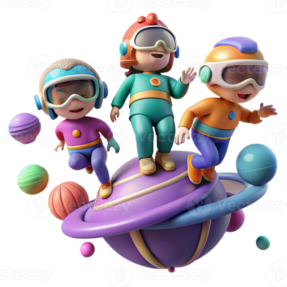 magnificent rustic vibrant creative A group of children, wearing futuristic clothing, play amongst the floating islands of a gas giant. Whimsical, colorful style detailed 4K png