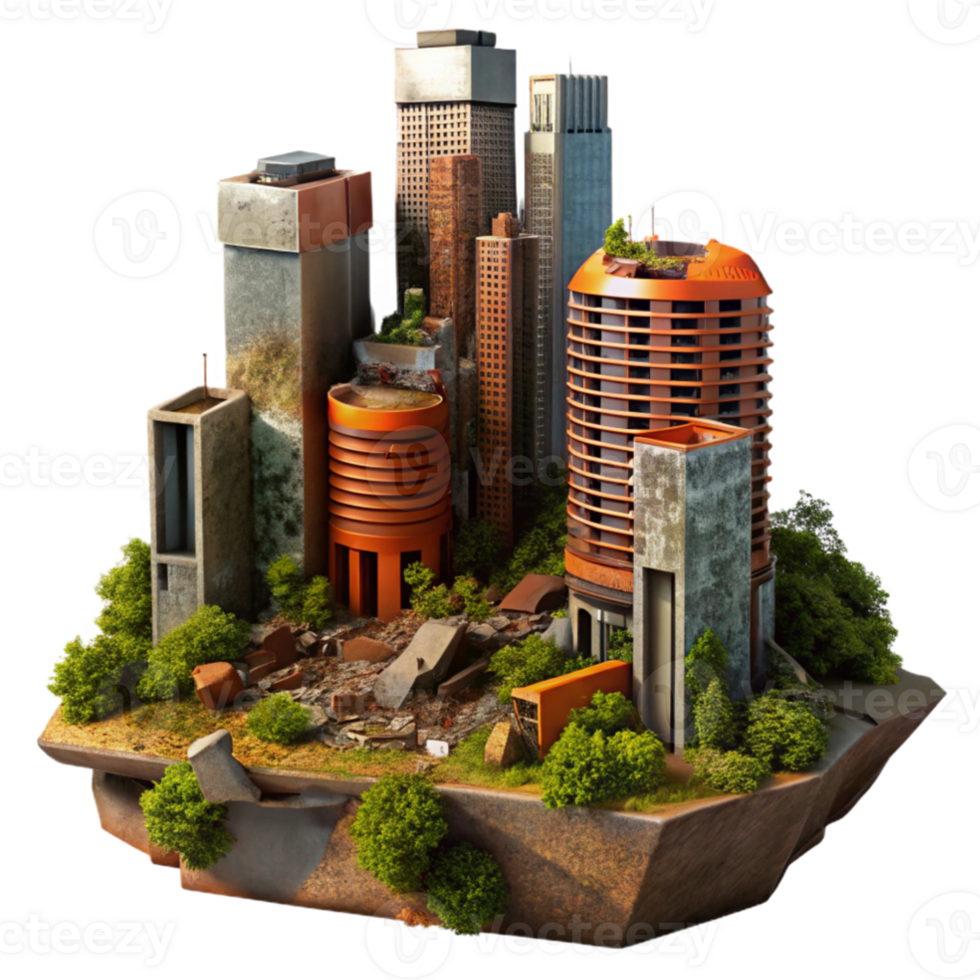 beautiful traditional impressive modern Post-apocalyptic cityscape, crumbling skyscrapers, overgrown with vegetation, rusty metal and broken concrete, orange and brown color palette, digital... png